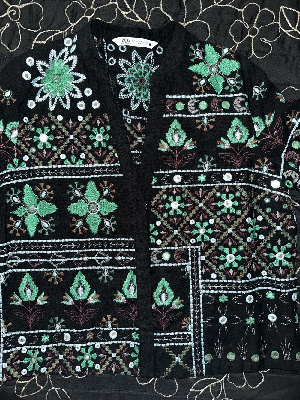 Zara Black Tunic with Mint Green Embroidery